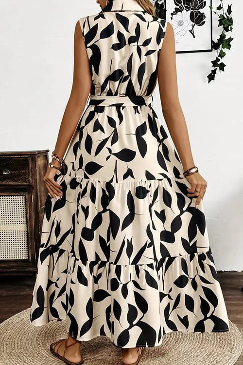 Apricot Abstract Print Knot Waist Collar Sleeveless Maxi Dress - The Fair Lady Shop
