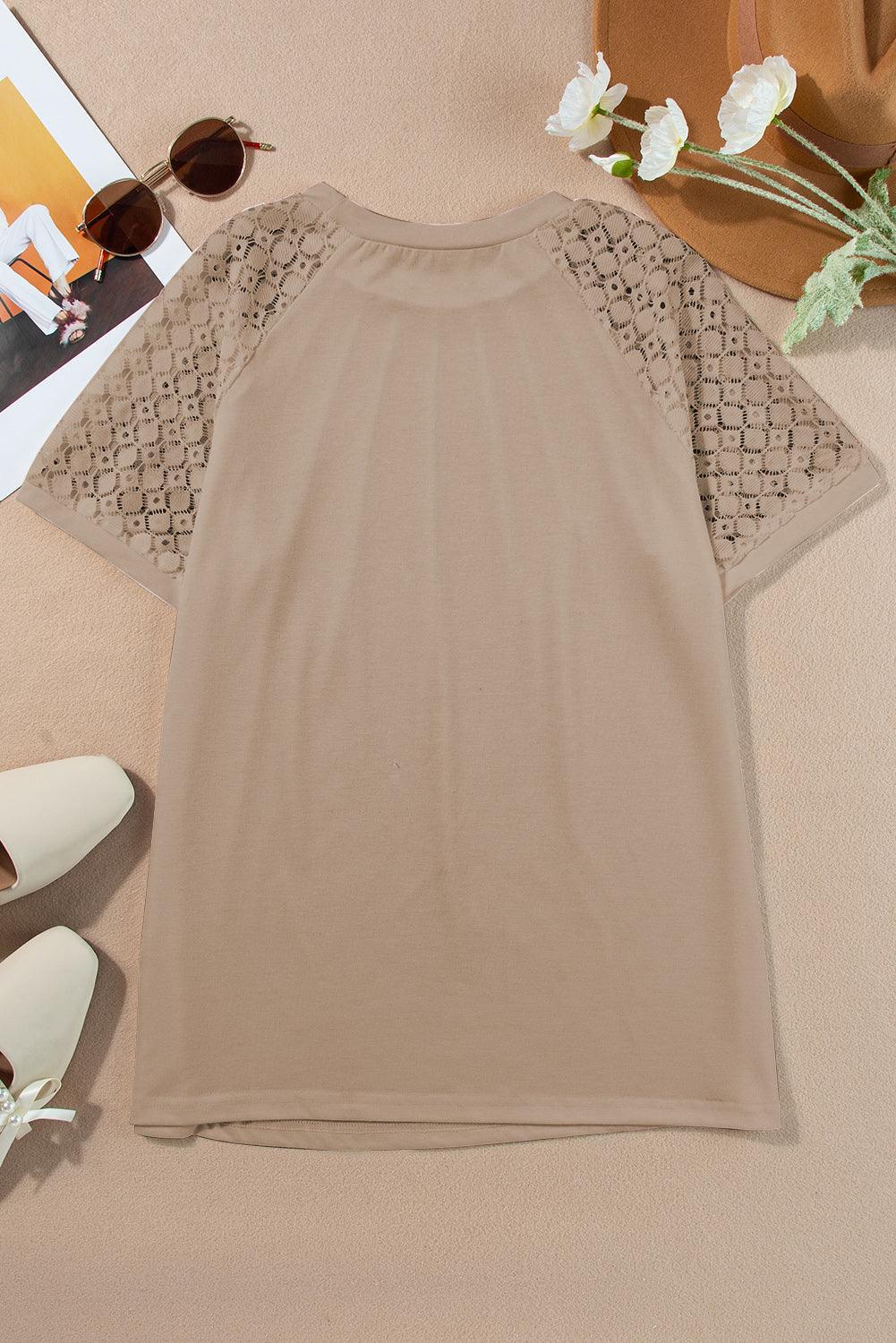 Pale Khaki Seamed Detail Contrast Lace Raglan Sleeve Tee - The Fair Lady Shop