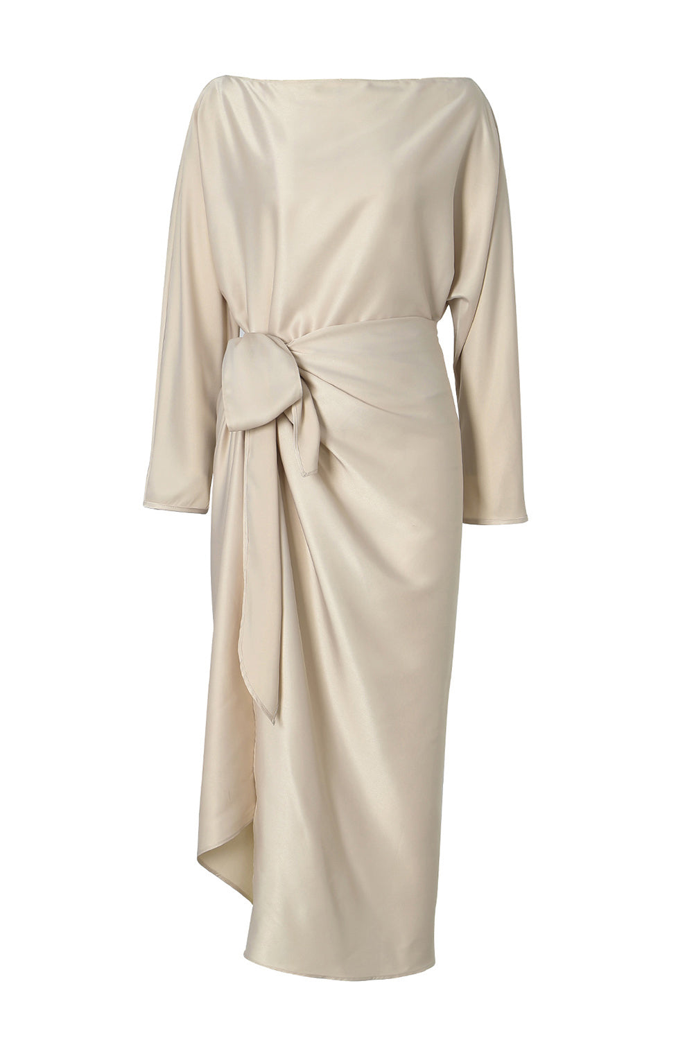 Apricot Satin Elegant Wrap Tie Side Boat Neck Long Sleeve Dress - The Fair Lady Shop