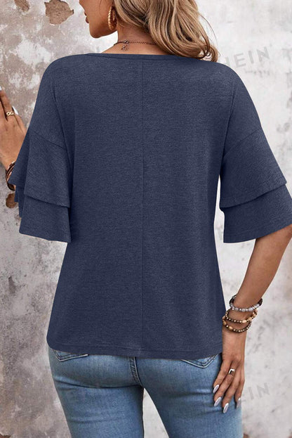 Dune Solid Color V Neck Double Layer Sleeve Loose T-Shirt - The Fair Lady Shop