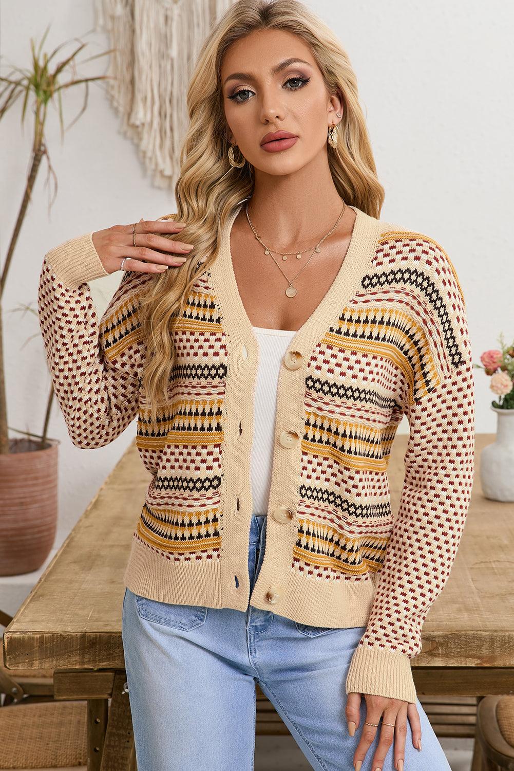 Khaki Geometric Pattern Button Front V Neck Cropped Cardigan - The Fair Lady Shop