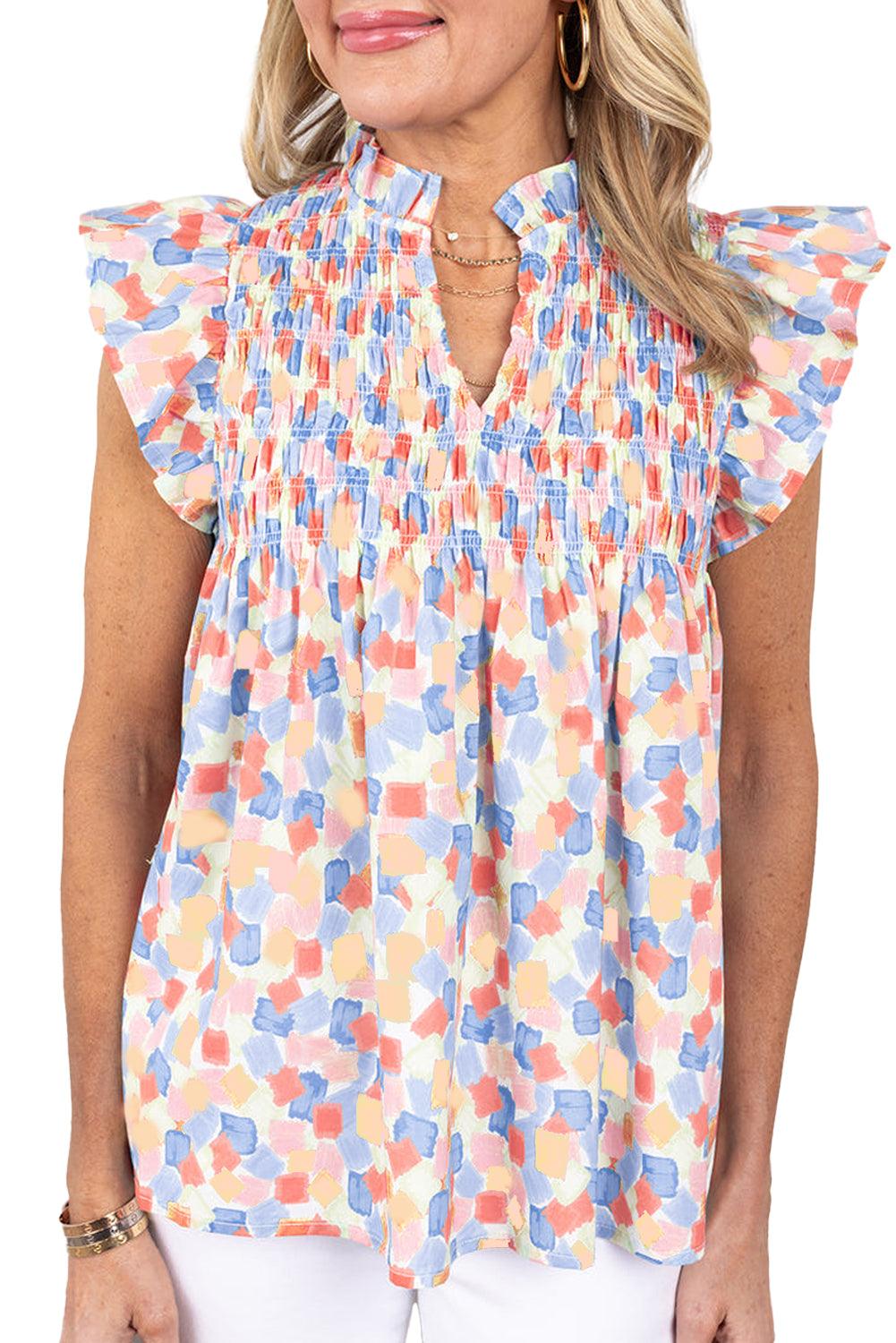 Pink Shirred Yoke Ruffle Abstract Blouse - The Fair Lady Shop