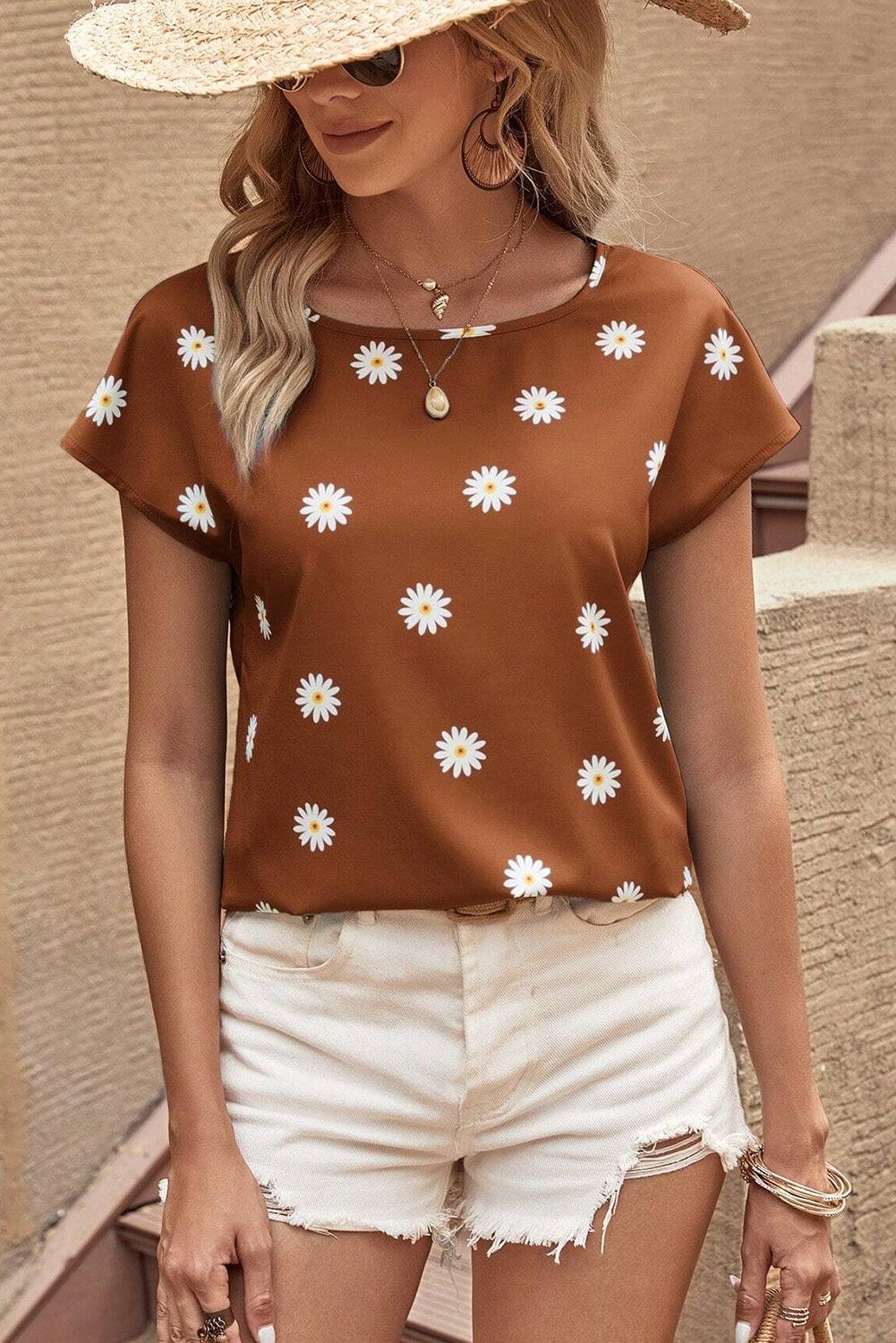 Chestnut Summer Daisy Print Batwing Sleeve Blouse - The Fair Lady Shop