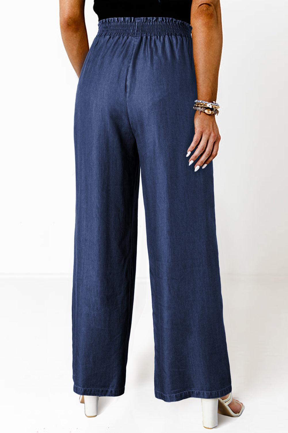 Black Side Pockets Frilled Smocked High Waist Wide Leg Jeans - The Fair Lady Shop