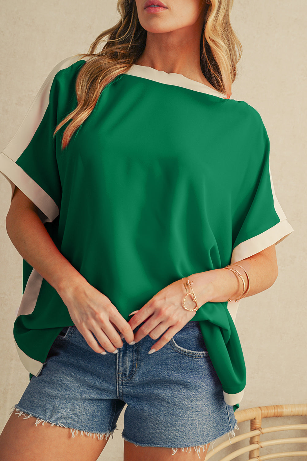 Green Colorblock Batwing Sleeve Boat Neck Blouse - The Fair Lady Shop