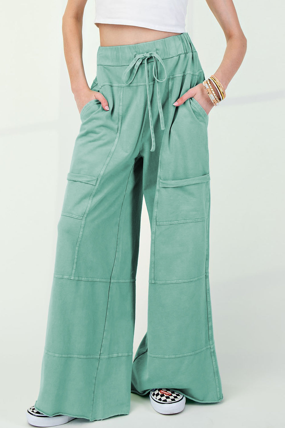 Mint Green Mineral Wash Exposed Seam Wide Leg Cargo Pants - The Fair Lady Shop