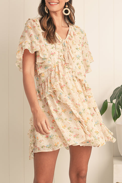 Apricot Boho V Neck Floral Tassel Tie Ruffle Mini Dress - The Fair Lady Shop