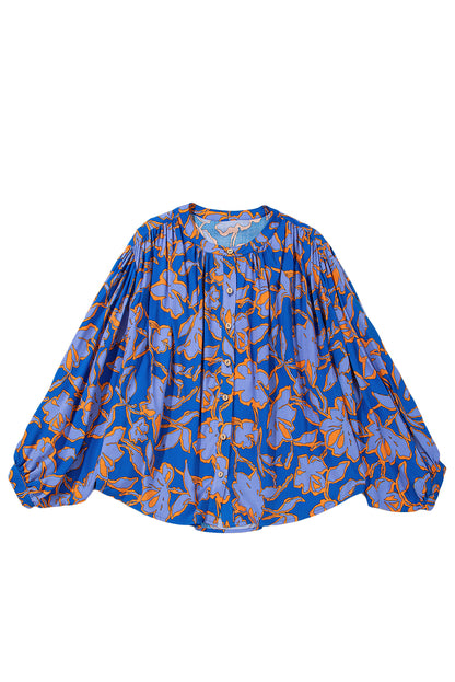 Blue Floral Print Batwing Sleeve Button Loose Fit Blouse - The Fair Lady Shop