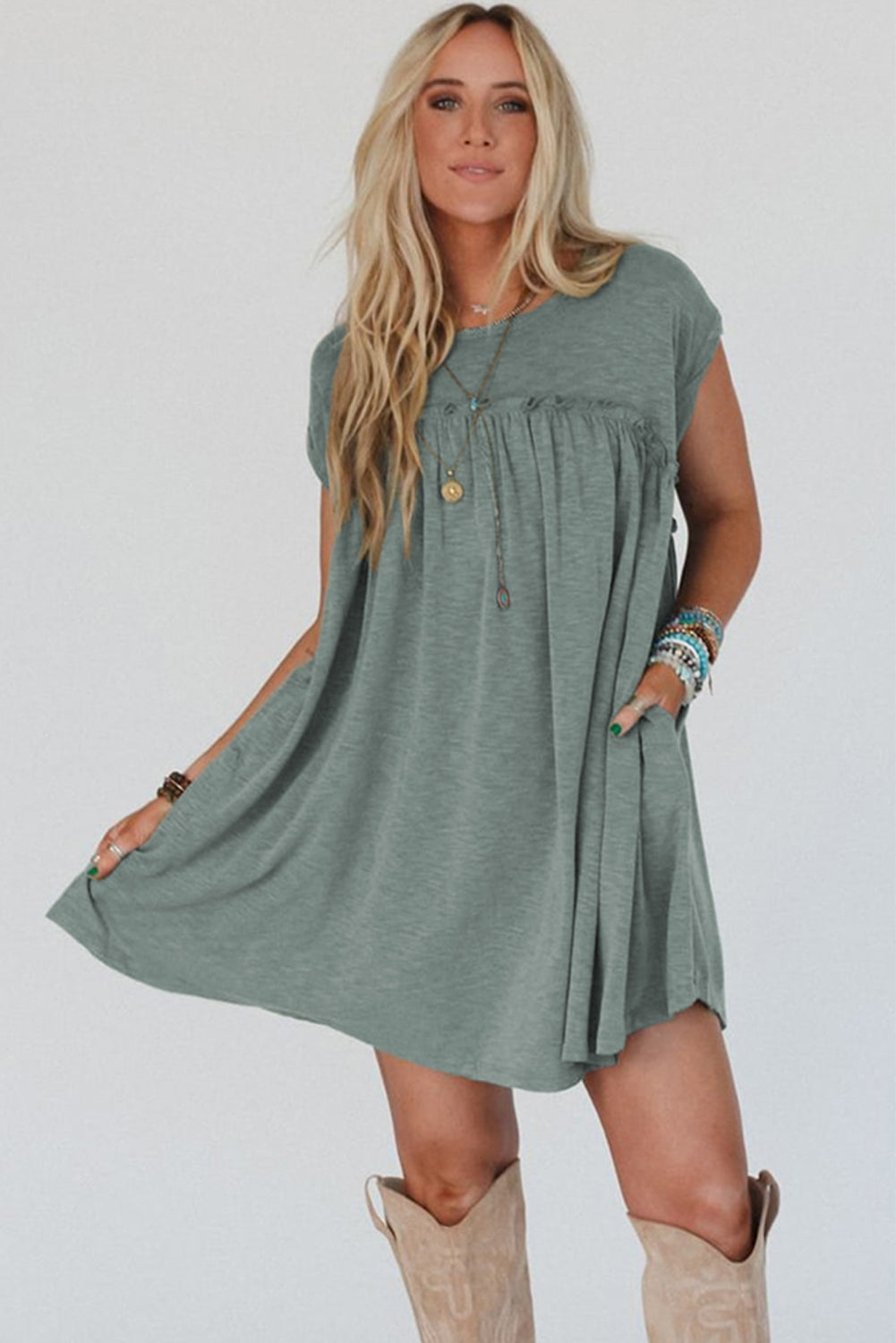 Mist Green Frilled Seam Round Neck T Shirt Dress - The Fair Lady Shop