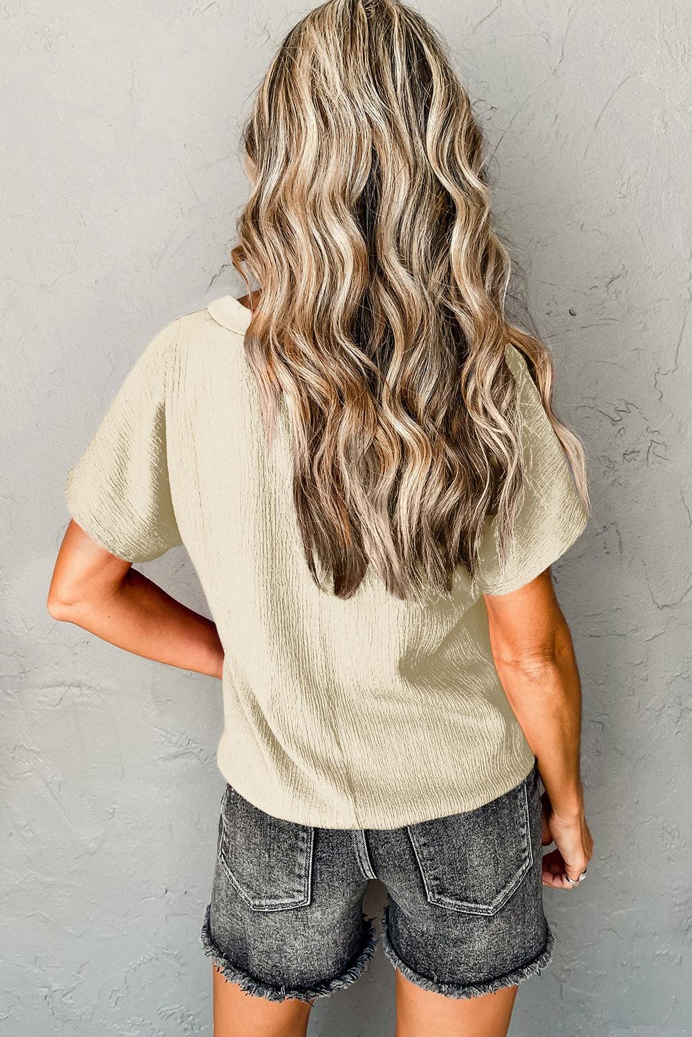 Blue Plain Crinkled V Neck Flounce Sleeve T Shirt - The Fair Lady Shop