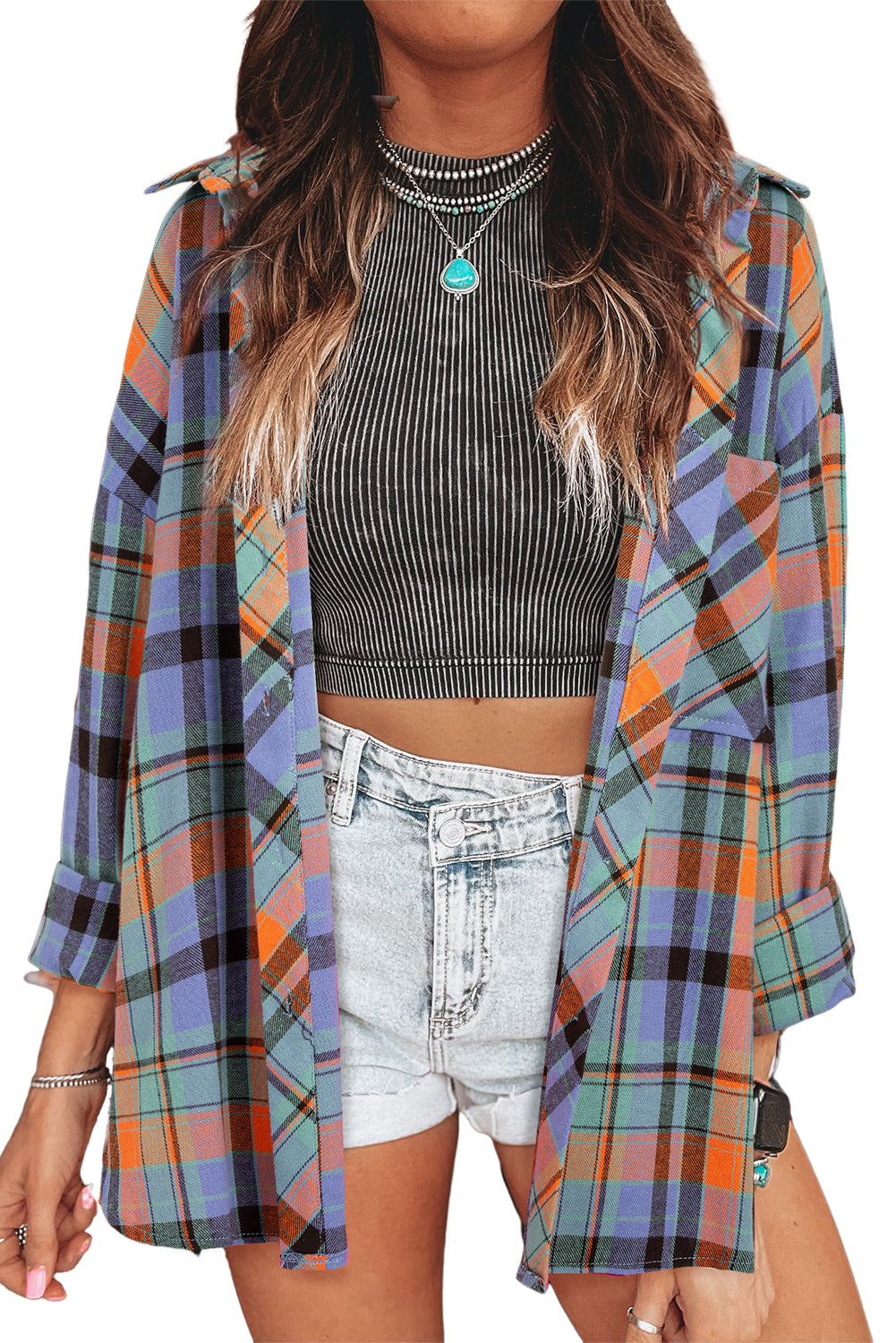 Orange Plaid Print Pocket Loose Shirt - The Fair Lady Shop