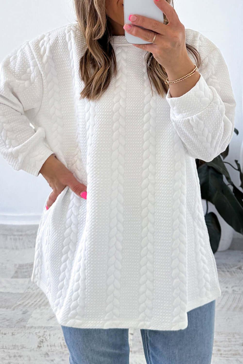 White Textured Loose Plus Size Long Sleeve Top - The Fair Lady Shop