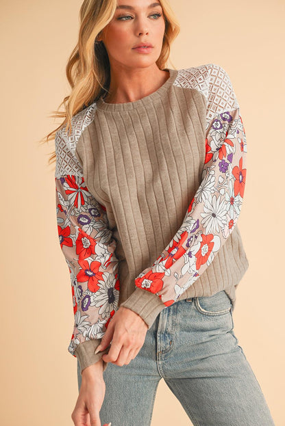 Parchment Floral Patchwork Raglan Sleeve Ribbed Blouse - The Fair Lady Shop