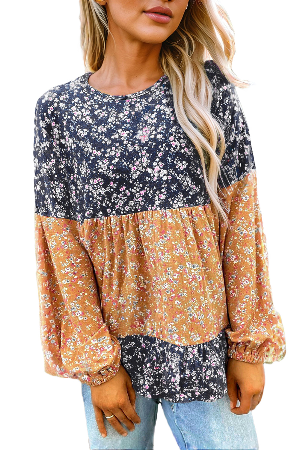 Blue Ditsy Floral Color Block Ruffle Hem Long Sleeve Top - The Fair Lady Shop