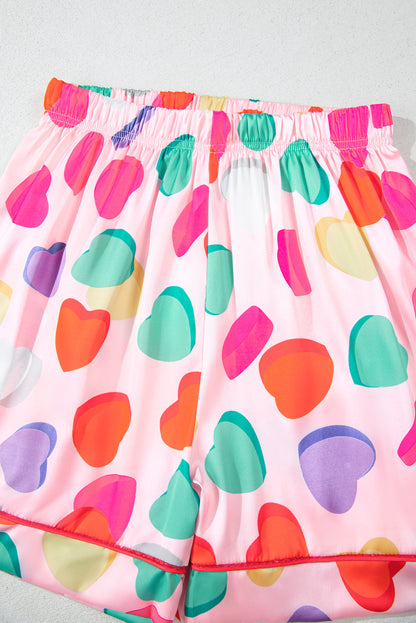 Pink Full Heart Pattern Shirt and Shorts Satin Pajama Set - The Fair Lady Shop