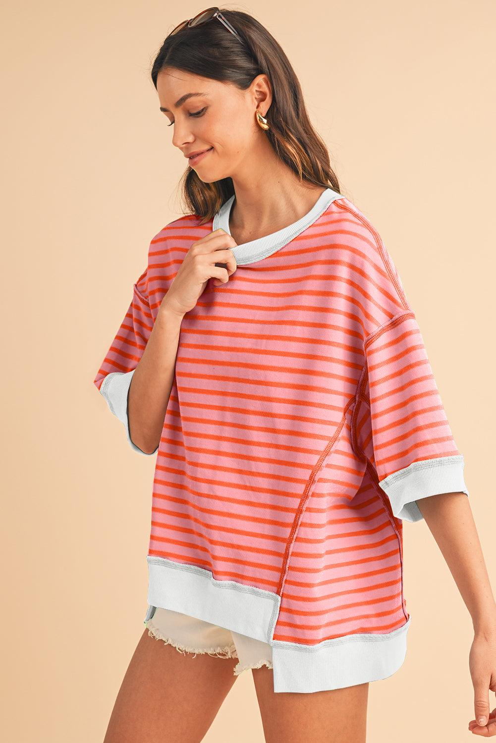 Pink Stripe Colorblock Drop Sleeve Oversized T Shirt - The Fair Lady Shop