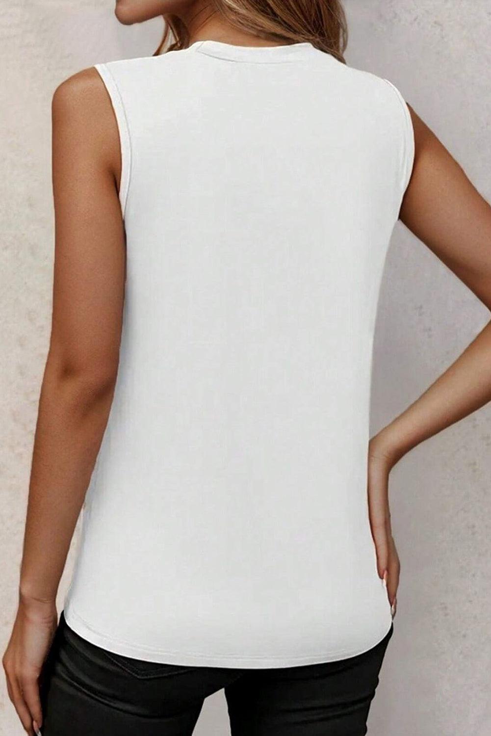 White Solid Color Crew Neck Pleated Tank Top - The Fair Lady Shop