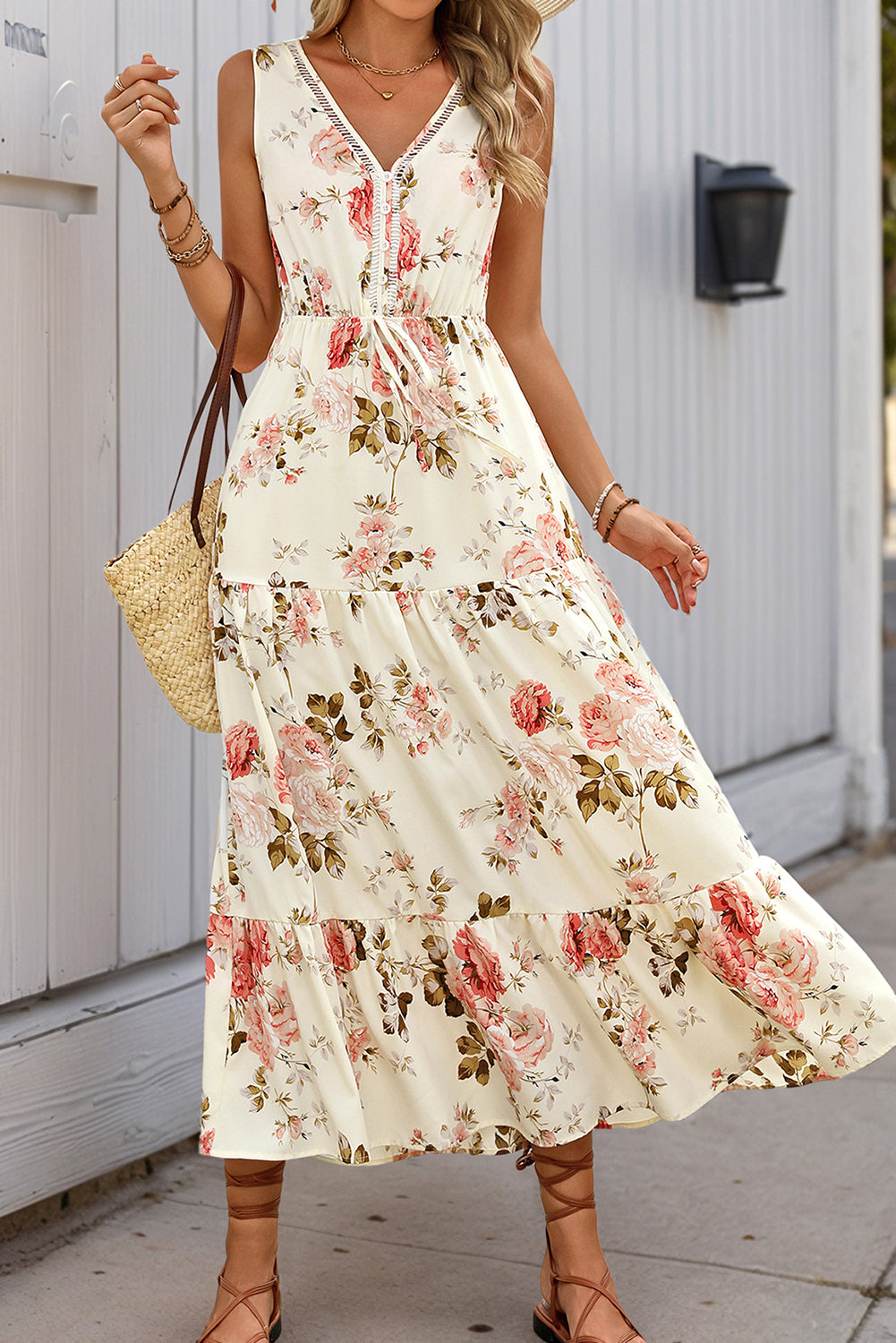 White Floral Print V Neck Sleeveless Tiered Dress - The Fair Lady Shop