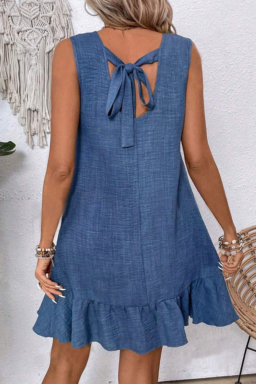 Ashleigh Blue Sleeveless Knot Backless Ruffle Hem Mini Dress - The Fair Lady Shop
