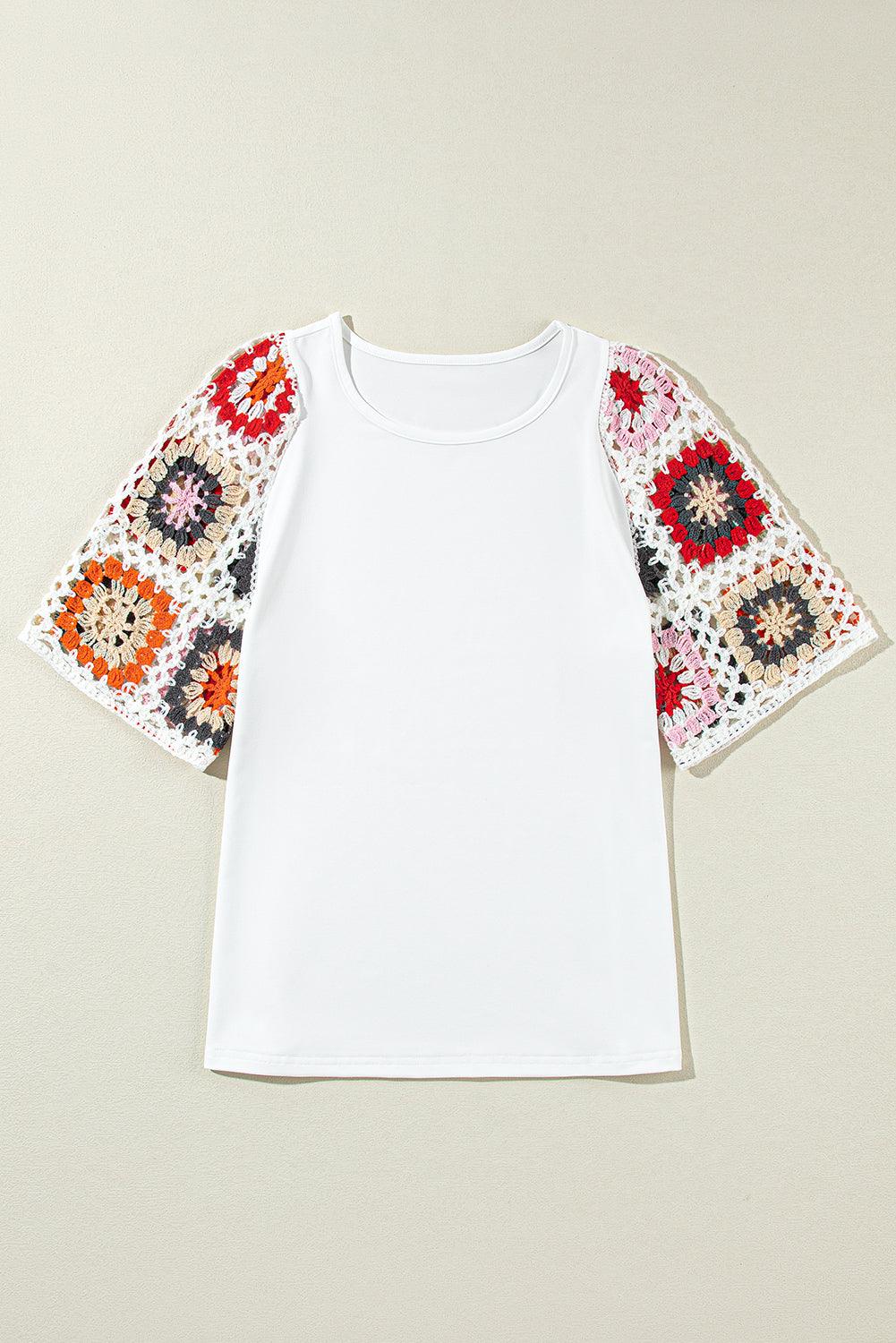 Black Floral Hollowed Crochet Sleeve Boho T Shirt - The Fair Lady Shop