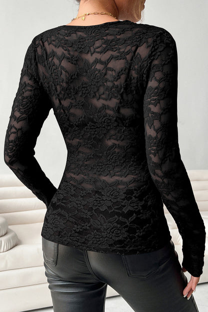 Black V-Neck Scalloped Edge Lace Long Sleeve Top - The Fair Lady Shop