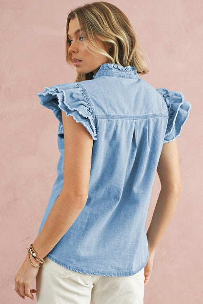 Ashleigh Blue Button Front Ruffled Flutter Frayed Denim Top - The Fair Lady Shop