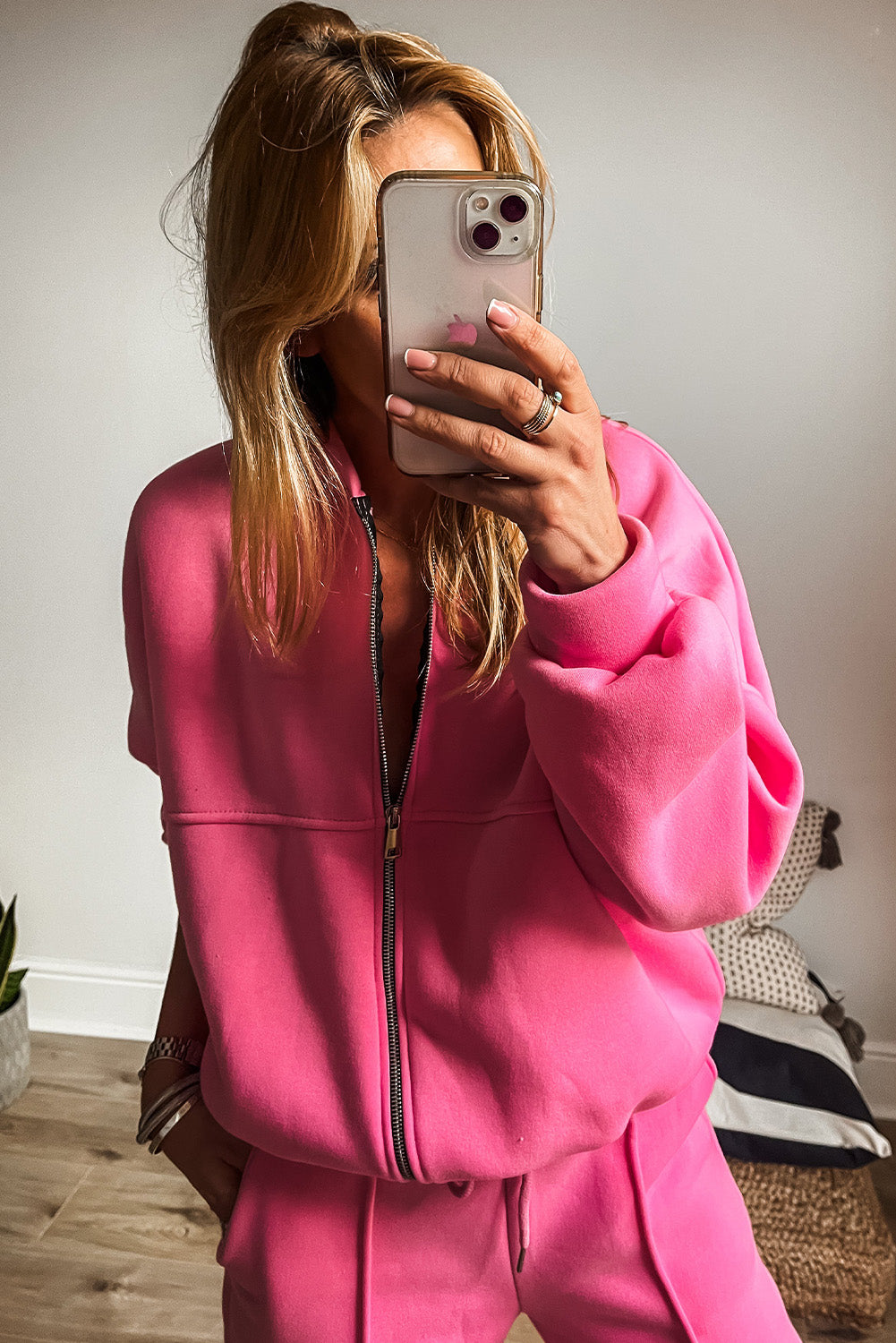 Bright Pink Seamed Zipper Jacket and Drawstring Waist Pants Set - The Fair Lady Shop