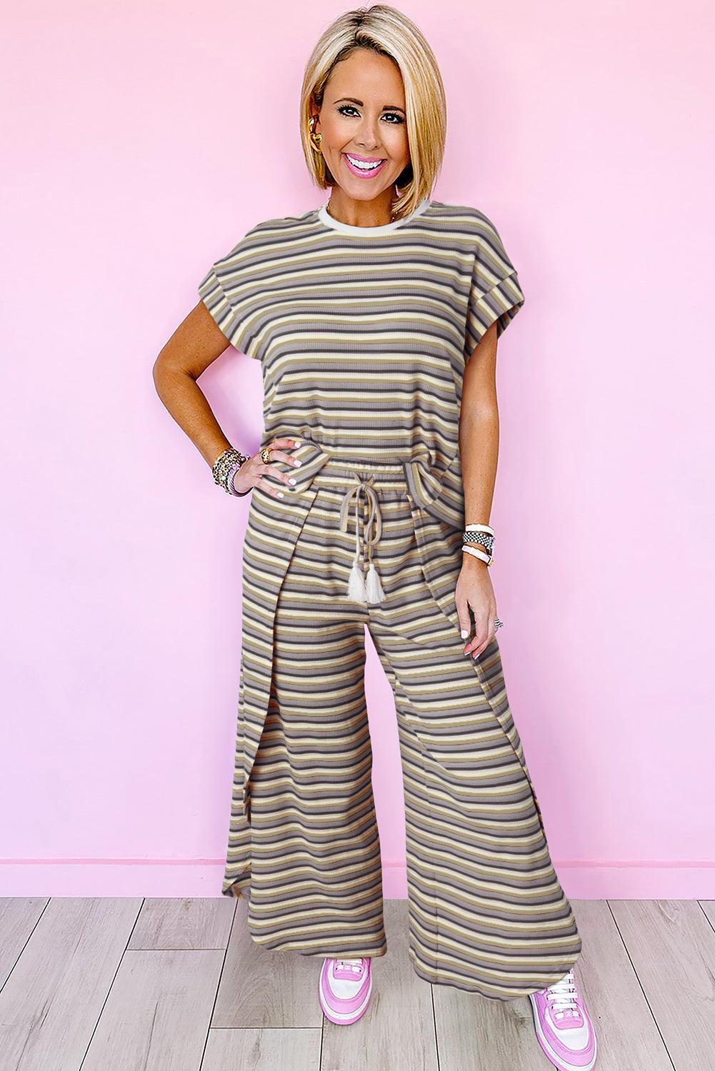 Yellow Stripe Rainbow Tee and Tassel Drawstring Wide Leg Pants Set - The Fair Lady Shop