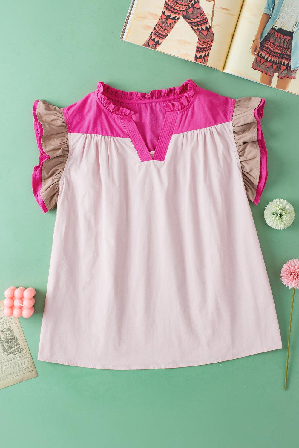 Mist Blue Colorblock Ruffled Sleeve Frill V Neck Blouse - The Fair Lady Shop