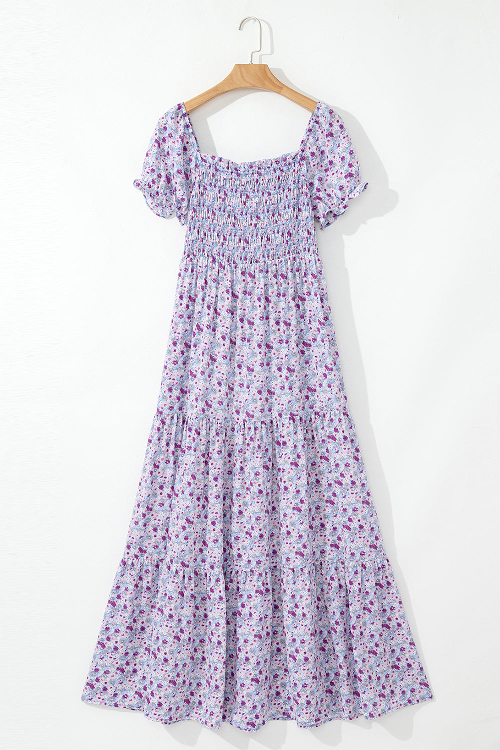 Purple Floral Short Bubble Sleeve Smocked High Waist Maxi Dress - The Fair Lady Shop
