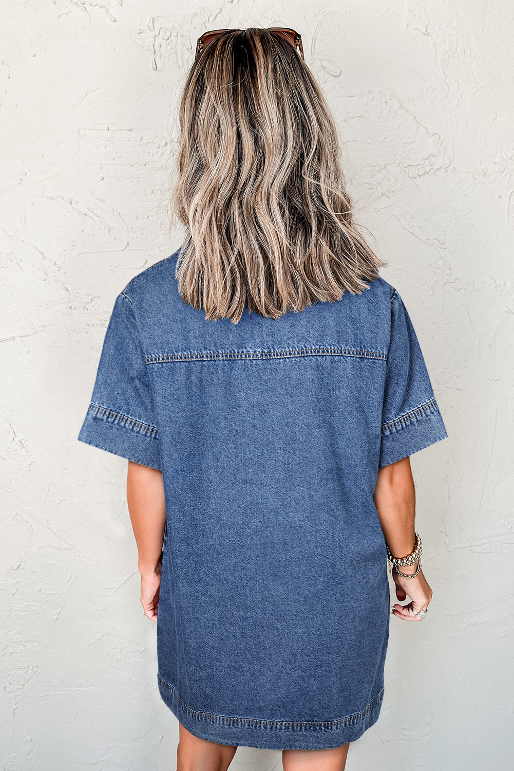 Blue Short Sleeve Collared Chest Pocket Denim Mini Dress - The Fair Lady Shop