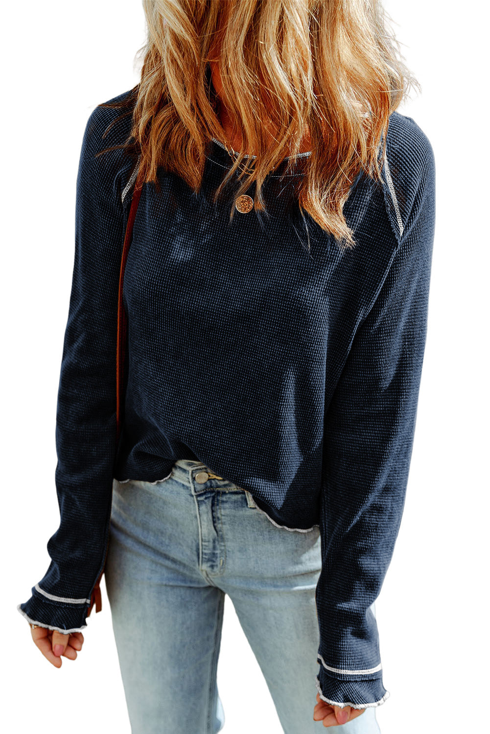 Blue Exposed Seam Textured Pullover Long Sleeve Top - The Fair Lady Shop