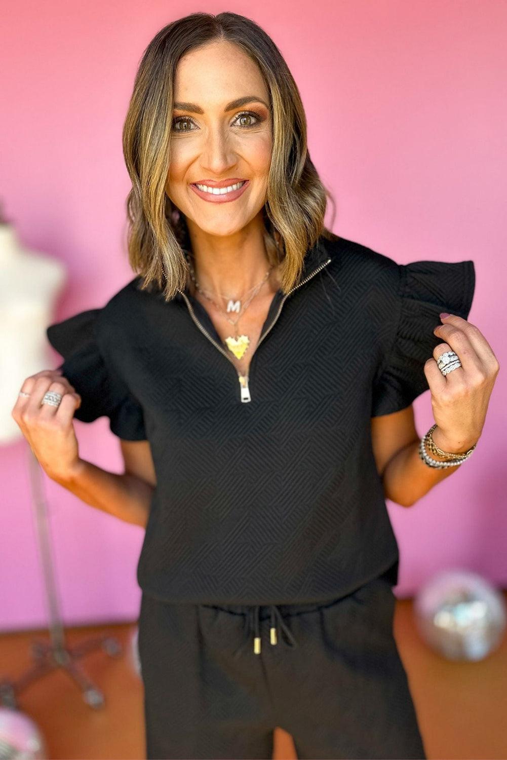 Black Textured Ruffle Cap Sleeve Top and Wide Leg Pants Set - The Fair Lady Shop