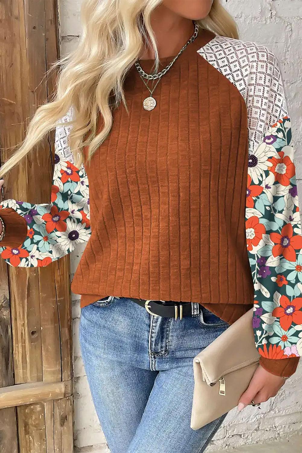 Laurel Green Floral Patchwork Raglan Sleeve Ribbed Blouse - The Fair Lady Shop