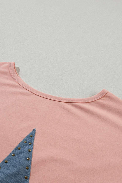 Apricot Pink Studded Star Patch Side Slits High Low Tee - The Fair Lady Shop