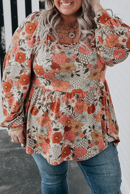 Khaki Plus Size Flower Print Square Neck Peplum Blouse - The Fair Lady Shop