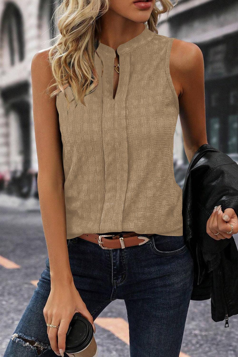 Light Beige Textured Split V Neck Sleeveless Shirt - The Fair Lady Shop