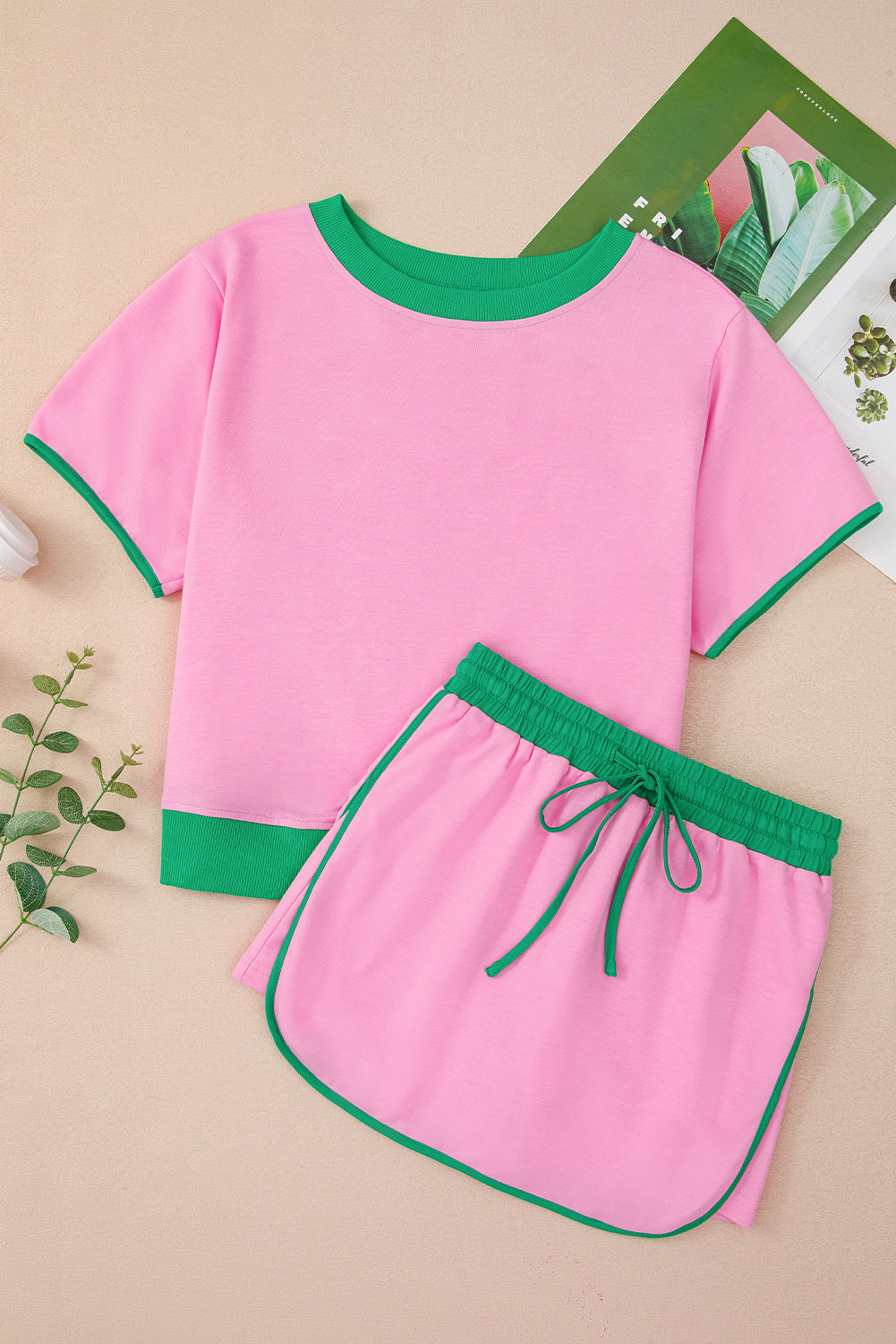 Bonbon Colorblock Edge Drop Shoulder T Shirt and Skort Set