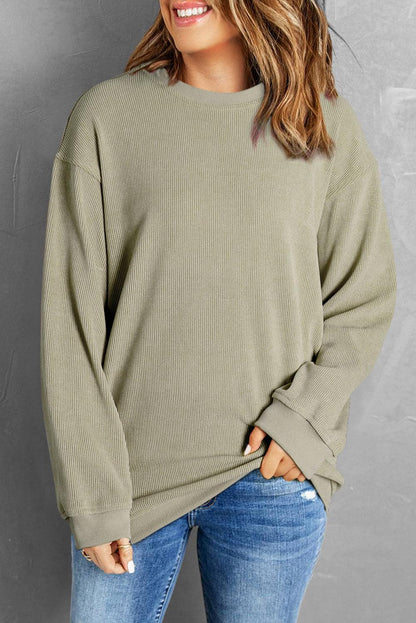 Khaki Solid Ribbed Round Neck Pullover Sweatshirt - The Fair Lady Shop