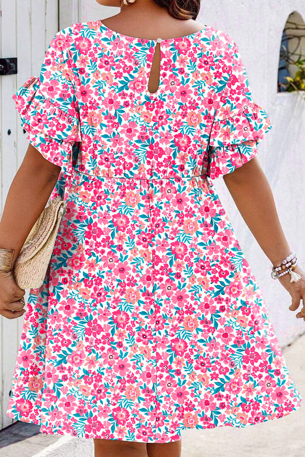 White Plus Size Floral Print Ruffle Short Sleeve Flare Dress - The Fair Lady Shop