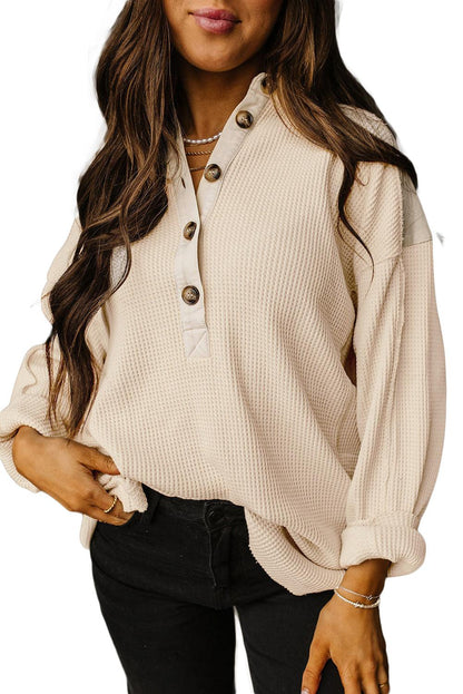 Jet Stream Waffle Patchwork Long Sleeve Henley Top - The Fair Lady Shop