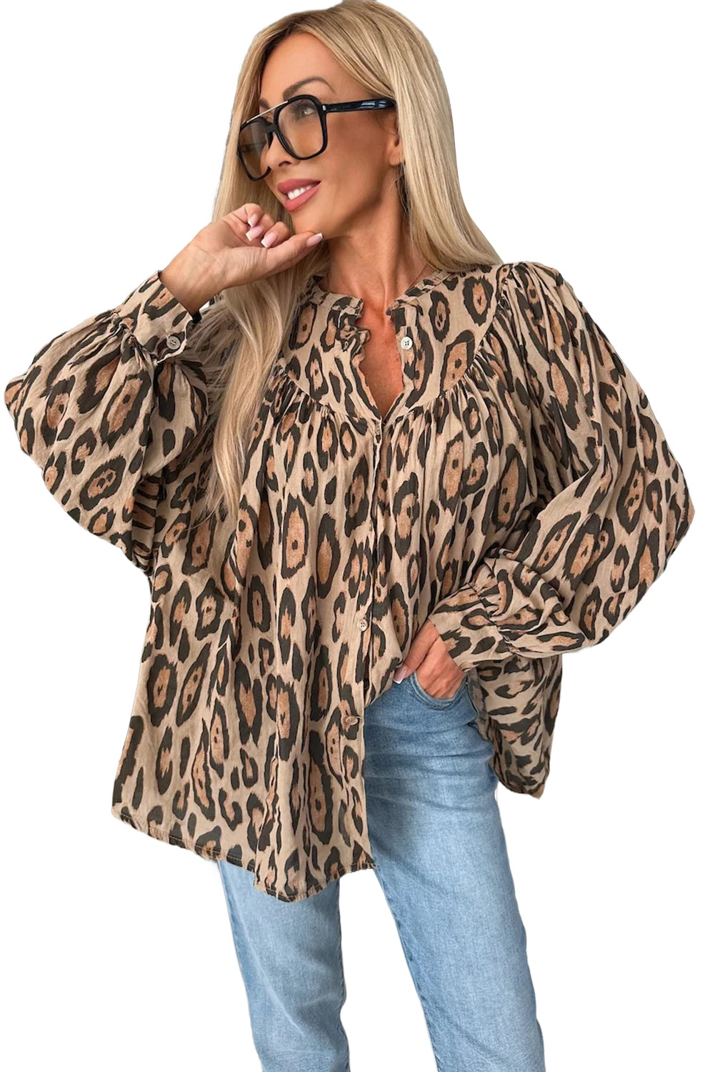 Light French Beige Leopard Print Balloon Sleeve Loose Blouse - The Fair Lady Shop