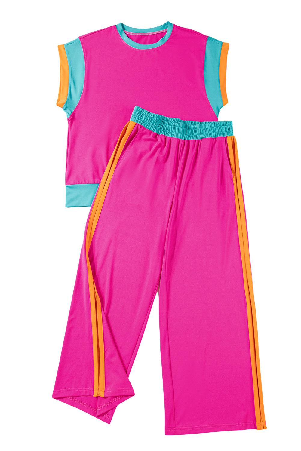 Chestnut Colorblock Cap Sleeve Tee and Wide Leg Pants Set - The Fair Lady Shop