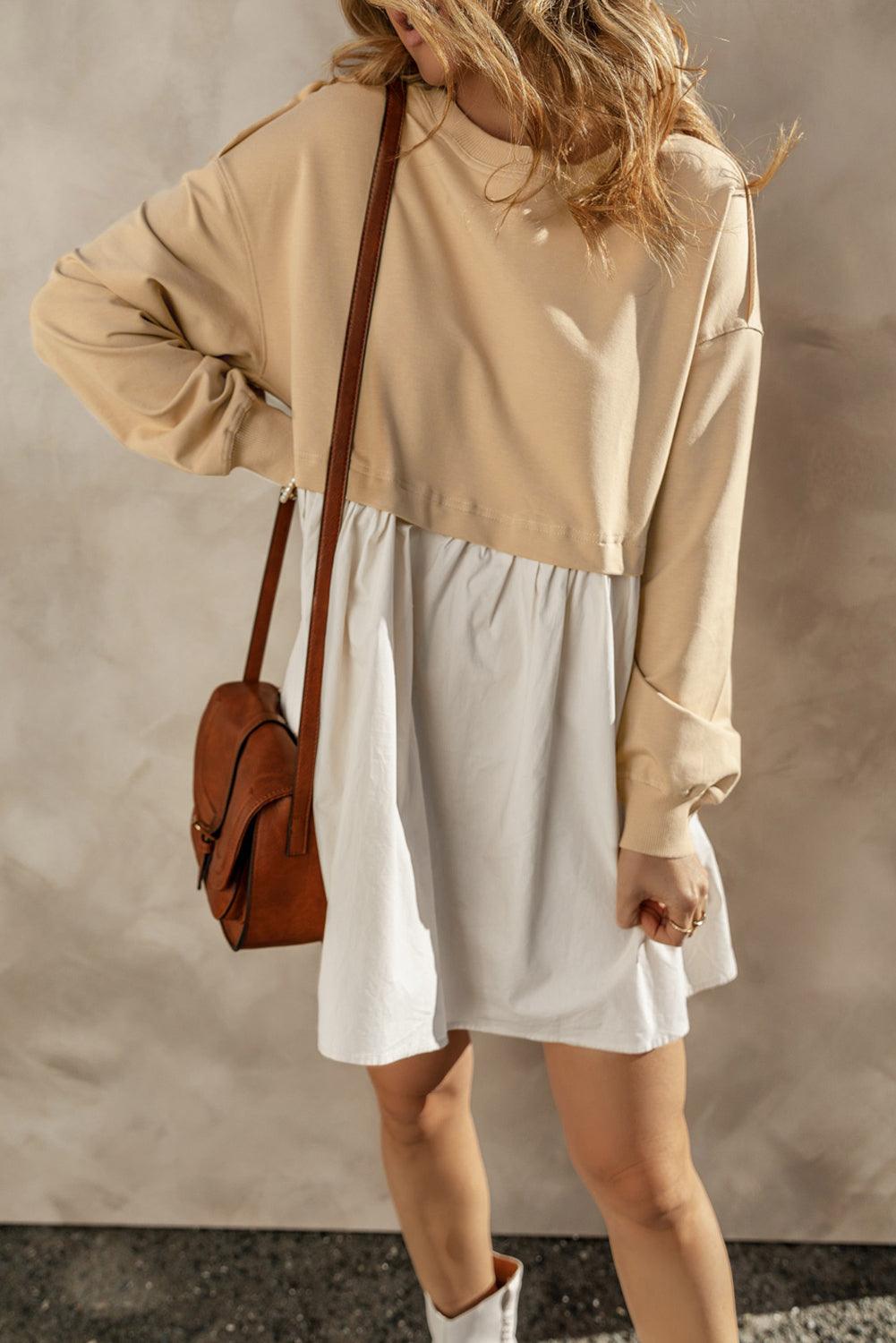 Khaki Sweatshirt Colorblock Flowy Pleated Mini Dress - The Fair Lady Shop