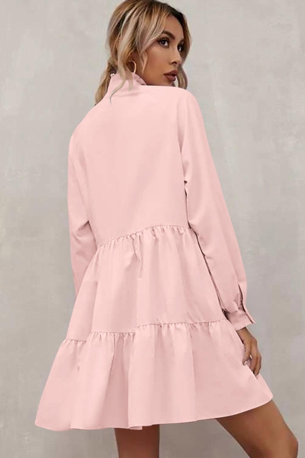 Pink Casual Stand V Neck Short Frill Dress - The Fair Lady Shop