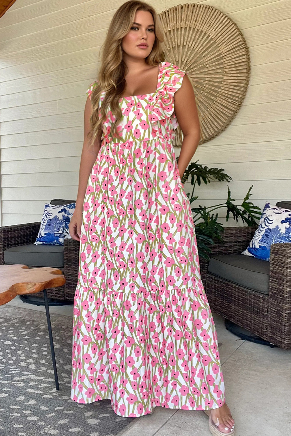 Pink Plus Size Ruffle High Waist Floral Maxi Dress - The Fair Lady Shop