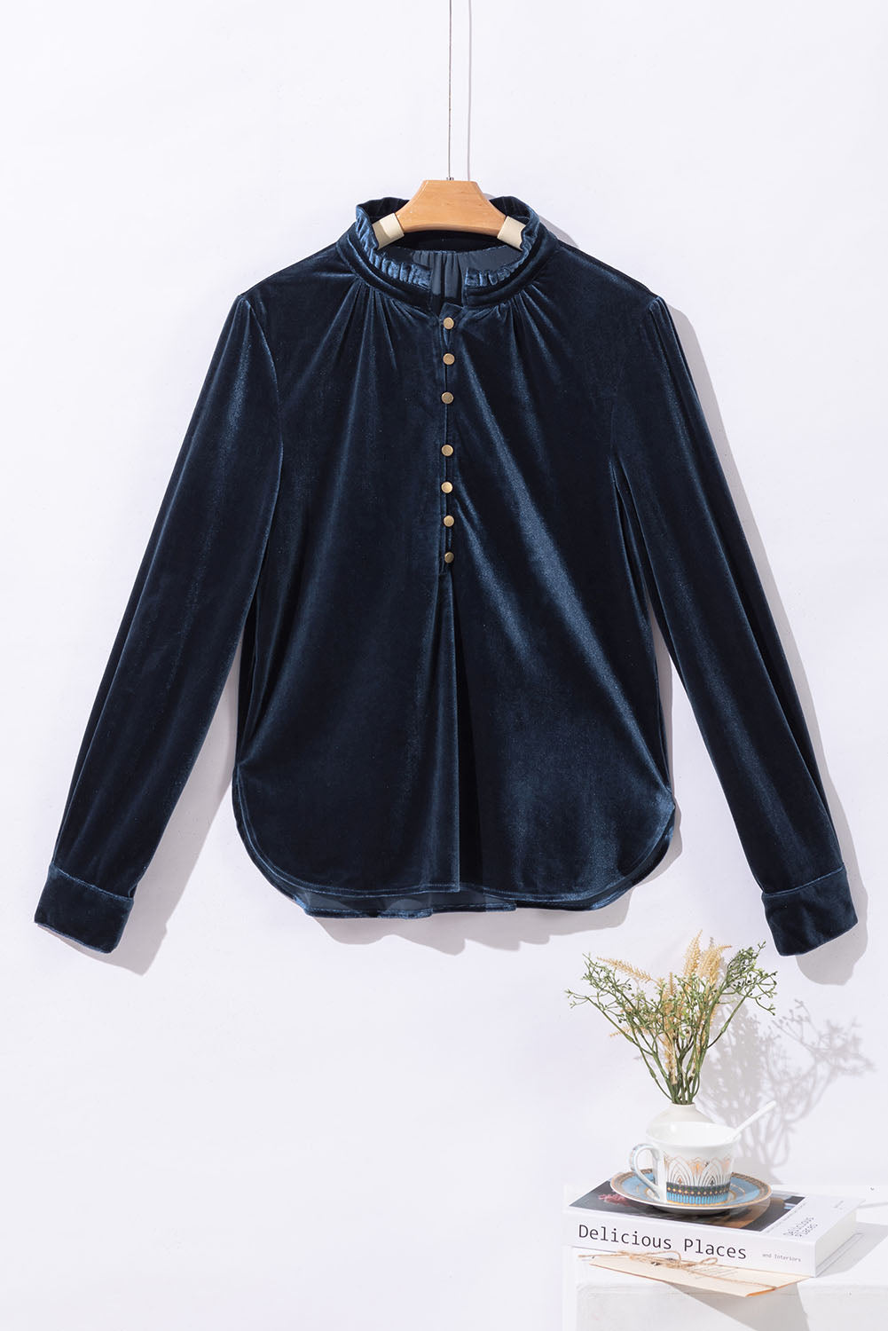 Navy Blue Frilled Buttoned V Neck Velvet Blouse - The Fair Lady Shop