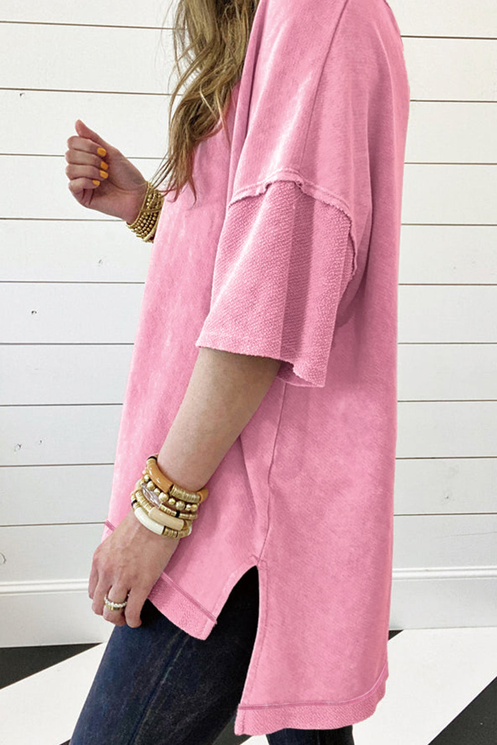 Strawberry Pink Mineral Wash Exposed Seam Drop Shoulder Oversized Tee - The Fair Lady Shop