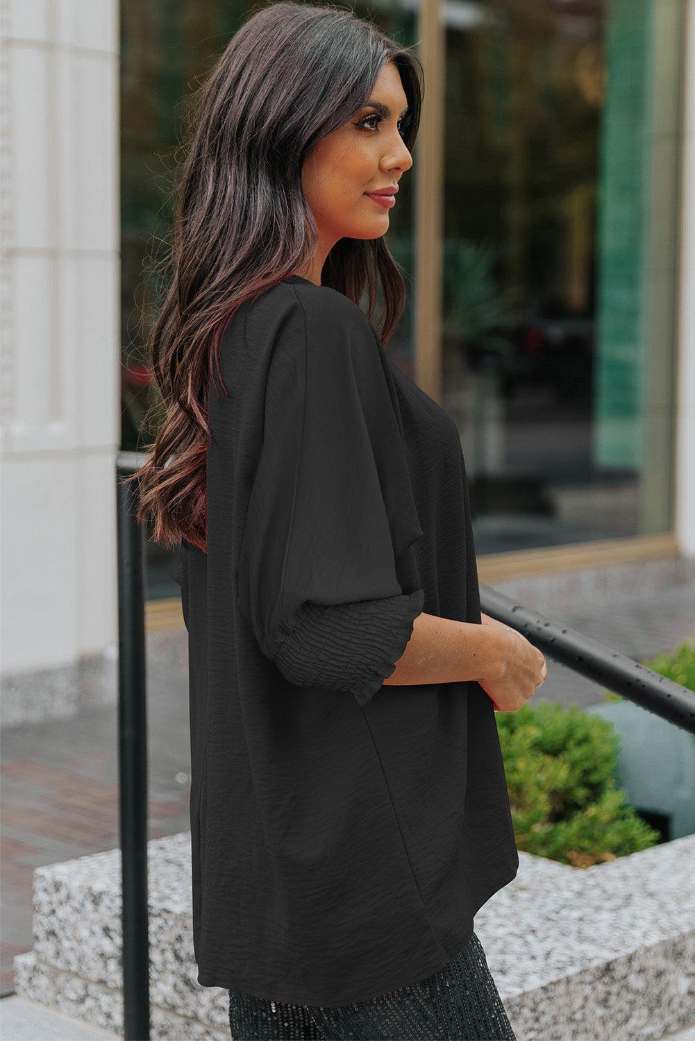 White Plain & Casual Shirred Cuffs Half Sleeve Top - The Fair Lady Shop