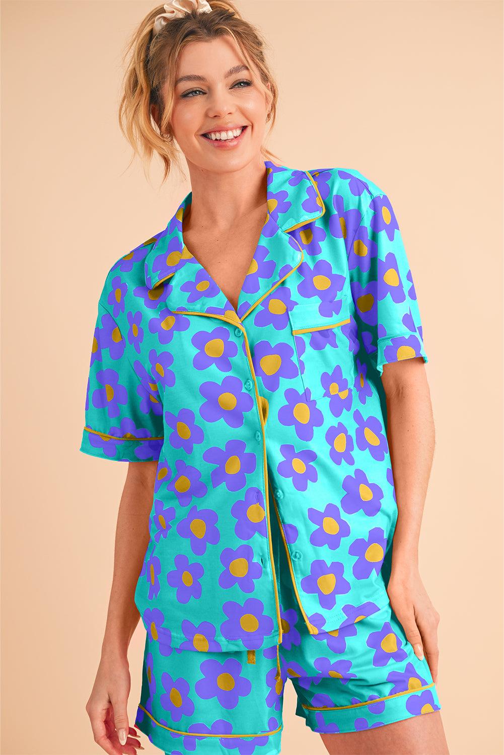 Green Flower Print Buttoned Shirt and Drawstring Waist Pajama Set - The Fair Lady Shop